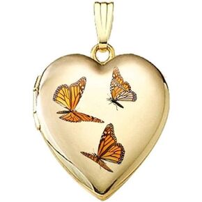 PicturesOnGold.com 14K Yellow Gold Monarch Butterfly Heart Locket 3/4 Inch X 3/4 Inch in Solid 14K Yellow Gold