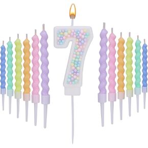 Number 7 Birthday Candles for Cake with 18 Pieces Spiral Candles with Macaron Pastel Rainbow Pink Cake Toppers for Girls Happy Birthday Party Decorations