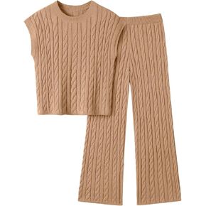 LILLUSORY Womens 2 Piece Cable Knit Lounge Sets Casual Cap Sleeve Knit Top Pants Vacation Outfits