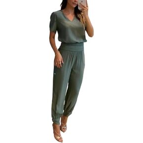 CHICME Women's Summer 2 Piece Outfits V Neck Puff Sleeve Tops High Waist Cuffed Pants with Pockets