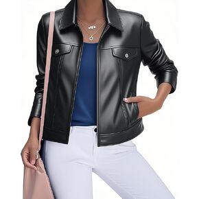 Womens faux leather jacket oversized fit button down lapel collar long sleeves