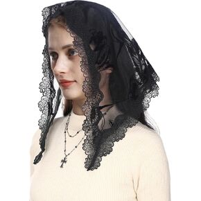 Mantveil Small Triangle Chapel Veil: Black Tulip Floral Lace Mantilla Church Veils for Women Catholic Latin Mass Head Covering