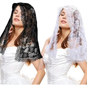 2 Pcs Mantilla Veil Lace Head Scarf Catholic Veils for Women Mass Veils for Church Catholic The First Communion Floral Lace Veil for Women Bridal(Black,White)