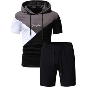 WDIRARA Men's Letter Print Colorblock Drawstring Hooded Tee and Biker Shorts Set