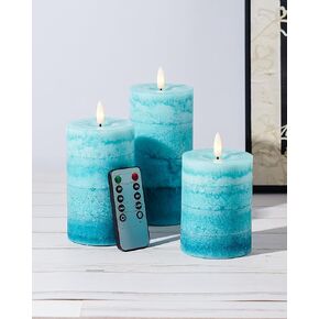 Gradient Teal Flameless Candles with Remote and Timer, Real Wax Made LED Pillar Candles Battery Operated with 3D Flickering Flame - 3" x 4", 3" x 5", 3" x 6" - Set of 3 Turquoise Candles