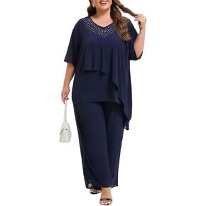 Plus Size Mother of Bride Pant Suits 2 Piece Ruffle Layers Chiffon Sets High Low Hem Wedding Guest Outfit