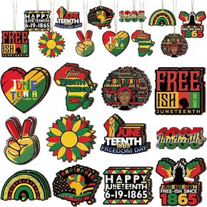 ChillOutPal 36Pc Juneteeth Wooden Tree Ornaments, Black History Hanging Decorations with Hanging Ropes for African American Holiday Party Favors/Home Décor/Anniversary, 12 Styles