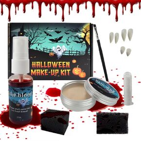 مجموعة مكياج Halloween SFX - مجموعة المؤثرات الخاصة تشمل الشمع والإسفنج والدم المزيف والأسنان والفرش - Cosplay مصاص الدماء