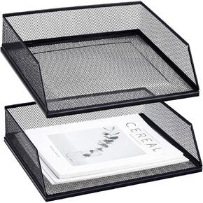 Hicarer 2 قطعة صينية رسائل معدنية سوداء قابلة للتكديس صينية مكتب واحدة سلكية منظم مكتب تحميل أمامي ملف حامل ورق لمكتب سطح المكتب والمكتب المنزلي والفصول المدرسية، 12.8 × 9.84 × 2.95 بوصة