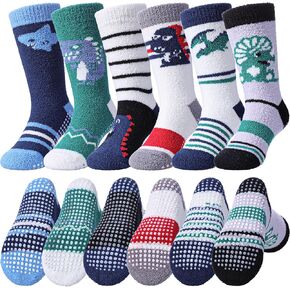 Linemin Kids Boys الصغار الجوارب الغامضة مع قبضة لطيف ممتع حيوان دافئ الشتاء الشتاء دافئة غير قسيمة الجوارب 6 أزواج
