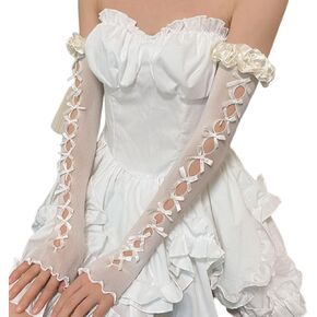 Lolita Lace Fingerless Gloves Gothic Bow Long Arm Warmers Y2k Tulle Accessories for Women Halloween Wedding Bridal Prom Wrist Cuff