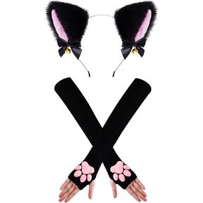 Nydotd Cat Cosplay Costume, 3D Cat Paw Pad Gloves Mittens Faux Fur Cat Dog Ears Headbands with Bells for Women