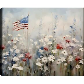 Modern American Flag Framed Canvas Wall Art for Living Room, 4th of July Large Patriotic Floral Poster for Bedroom, Wrapped Canvas Prints Artwork Americana Pictures Wall Decor P1