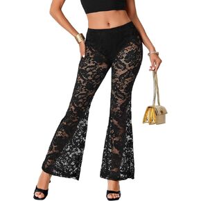 Rooscier Women's Lace Bell Pant Sexy Sheer See Through Stretchy Hollow Out Cover Up Trousers