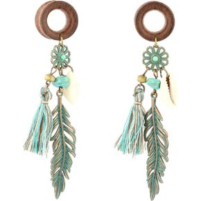 بالالا 8mm-22mm verdigris Patina brass الريش شرابة شل قذيفة دانج أذن خشبية مقاييس ثقب أنفاق اللحم المقابس بيان الأقراط