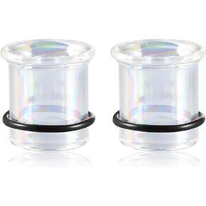 2Pcs Glass Ear Plugs and Tunnels Gauges - Crystal Clear & Rainbow, Hypoallergenic, Single Flared Saddle with O-Rings, Size 6mm-20mm Ear Expander Body Jewelry for Stretched Ears