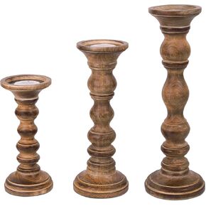 “Willow" Candle Holders for Pillar Candles (Medium Burnt, Set of 3) - Mangowood Candle Stand - Farmhouse Wooden Candle Holders Pillar - Candle Holder Decor for Table Centerpiece -9", 12", 15"