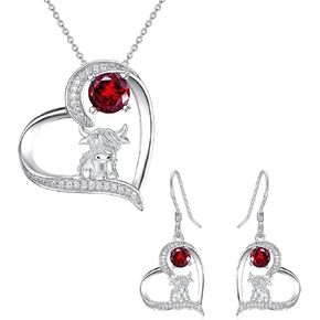 قلادة بقرة المرتفعات والأقراط مع Birthstone 925 Sterling Silver Highland Cow Jewelry مجموعة هدايا بقرة المرتفعات للنساء