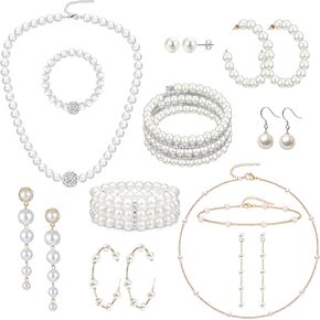 18 PCS Pearl Jewelry مجموعة للنساء محاكاة أقراط لؤلؤة فو ، قلادة اللؤلؤ وسوار العشرينات من القرن العشرين ، مجموعة مجوهرات اللؤلؤ ، هدية ، هدية