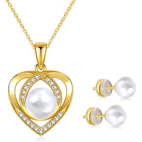Black White Pearl Necklace and 2 Earrings Set for Women, Heart 925 Sterling Silver Adjustable Cubic Zirconia Wedding Bridal Choker, Anniversary Mothers Day Jewelry Gift for Her
