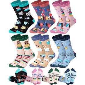 Liitrsh 6 Pairs Women Book Lovers Gifts Novelty Book Socks with Fun Text Reading Crew Socks Bookish Holiday Gift for Women, Size 5-10