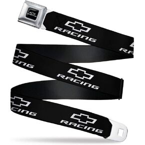Buckle-Down GM General Motors Belt, Seatbelt Buckle Belt, Chevy Bowtie Racing Logo Black White, Mens Womens Kids Adjustable