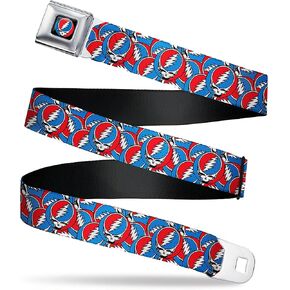 Grateful Dead Belt, Seatbelt Buckle Belt, Grateful Dead Steal Your Face Logo Stacked Red White Blue, Adjustable