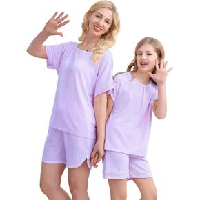 V. & Grin Mommy و Me Pajama Set ، Women Girls Ribbed 2 قطعة PJS قمة الأكمام العلوية والسراويل القصيرة