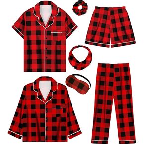 Silk Pajamas for Girls Satin Pajama Kids 4 Pieces Girls Button-down Pjs Set with Eye Mask Headband Scrunchie