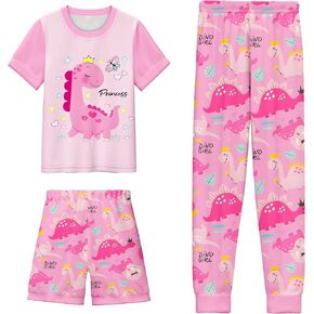 LQSZ Girls Pajamas Short Sleeve Toddler Girl Summer Pajamas 3 Piece Pjs Set Sleepwear for Girls 3-10 Years