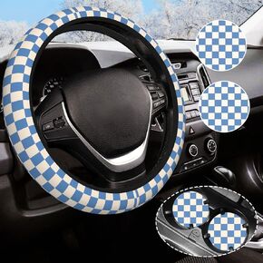 Black and Grey Checkered Steering Wheel Cover Anti-Slip and Practical 14.5-15 Inch Universal Steering Wheel Cover with 2 Pieces Car Coasters Suitable for Men Women