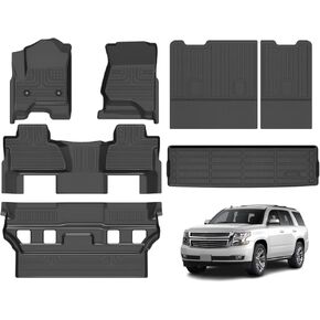 حصيرة الأرضية وبطانة البضائع لعام 2015-2020 تشيفي تاهو و GMC Yukon (مقعد دلو) (وليس XL) جميع الطقس TPE مجموعة خطوط أرضية مضادة للانزلاق (حصيرة السيارات+حصيرة الجذع+مسند الظهر) الأسود