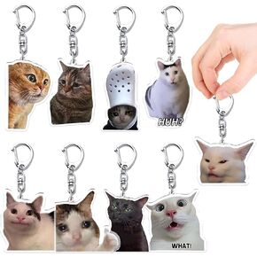 9Pcs Cat Keychain for Internet Meme Lover Gifts Funny Keychain Cute Meme Charms Stuff for Decor Backpacks Keyrings Car Accessories for Adults