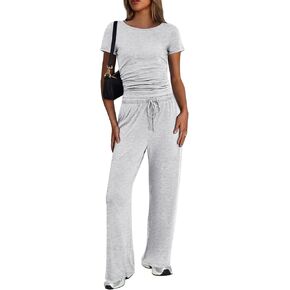 Ekouaer Women's 2 Piece Sets Outfits Short Sleeve Wide Leg Tracksuits Casual Lounge Set Matching Sets with Pockets