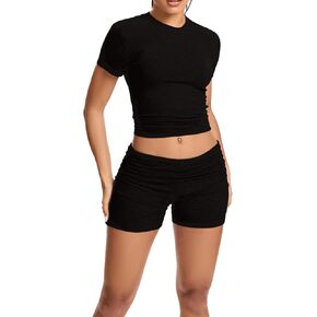 qfmqkpi Women Workout 2 Piece sets Short Sleeve Tops Slim Foldover Shorts Matching Gym Outfits Tracksuit