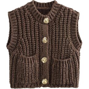 Flygo Womens Sleeveless Crop Chunky Knit Cardigan Trendy Button Down Cropped Knitted Sweater Vest Tops with Pockets