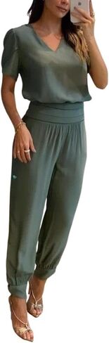 CHICME Women's Summer 2 Piece Outfits V Neck Puff Sleeve Tops High Waist Cuffed Pants with Pockets in Saudi Arabia