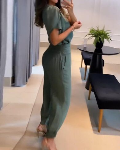 CHICME Women's Summer 2 Piece Outfits V Neck Puff Sleeve Tops High Waist Cuffed Pants with Pockets in Saudi Arabia