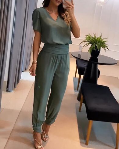 CHICME Women's Summer 2 Piece Outfits V Neck Puff Sleeve Tops High Waist Cuffed Pants with Pockets in Saudi Arabia