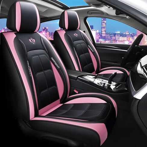 Zvaluqy06 Comfortable Leather Auto Car Seat Covers Front & Rear Seat Protector Fit Sedan SUV 5 Seats Full Set Universal Fit (Black and Pink) in Kuwait