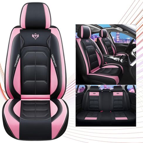 Zvaluqy06 Comfortable Leather Auto Car Seat Covers Front & Rear Seat Protector Fit Sedan SUV 5 Seats Full Set Universal Fit (Black and Pink) in Kuwait