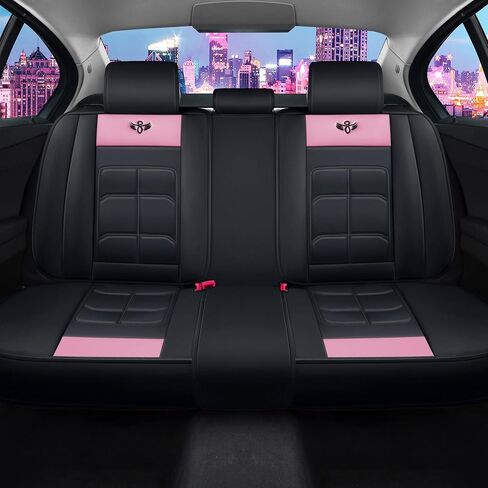 Zvaluqy06 Comfortable Leather Auto Car Seat Covers Front & Rear Seat Protector Fit Sedan SUV 5 Seats Full Set Universal Fit (Black and Pink) in Kuwait