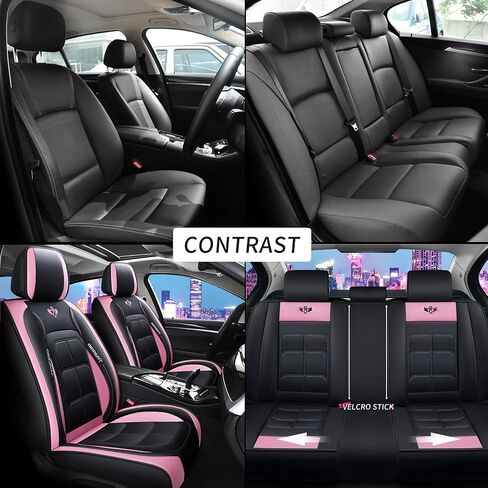 Zvaluqy06 Comfortable Leather Auto Car Seat Covers Front & Rear Seat Protector Fit Sedan SUV 5 Seats Full Set Universal Fit (Black and Pink) in Kuwait