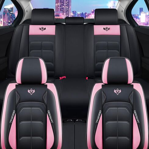Zvaluqy06 Comfortable Leather Auto Car Seat Covers Front & Rear Seat Protector Fit Sedan SUV 5 Seats Full Set Universal Fit (Black and Pink) in Kuwait