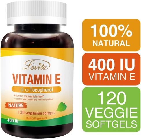 Lovita Vitamin E 400 IU Softgels, Natural Vitamin E 268 mg (as D Alpha Tocopherol), Vegan Vitamin E for Healthy Skin, Hair, Nails & Immune System Support, 120 Vegetarian Softgels in Saudi Arabia