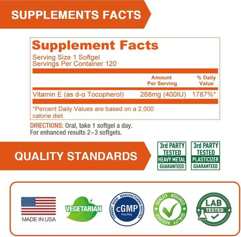 Lovita Vitamin E 400 IU Softgels, Natural Vitamin E 268 mg (as D Alpha Tocopherol), Vegan Vitamin E for Healthy Skin, Hair, Nails & Immune System Support, 120 Vegetarian Softgels in Saudi Arabia