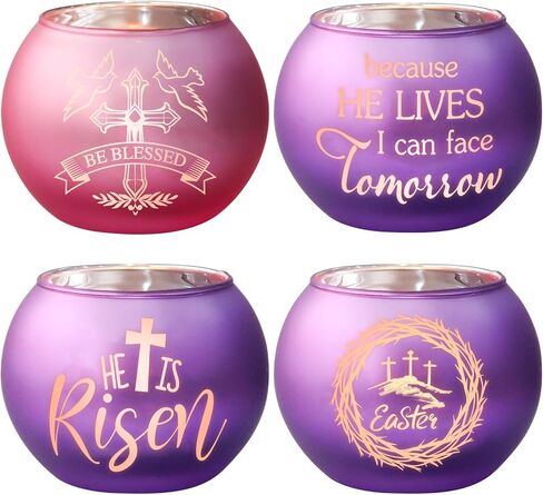 Religious Candle Holders 4PCS, Purple Pink Glass Votive Tealight Holders with He is Risen & Cross Signs, Easter Table Centerpiece Home Decor in Kuwait