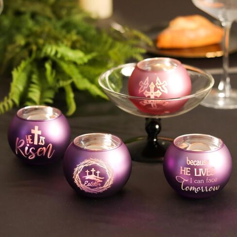 Religious Candle Holders 4PCS, Purple Pink Glass Votive Tealight Holders with He is Risen & Cross Signs, Easter Table Centerpiece Home Decor in Kuwait