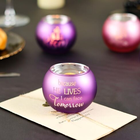 Religious Candle Holders 4PCS, Purple Pink Glass Votive Tealight Holders with He is Risen & Cross Signs, Easter Table Centerpiece Home Decor in Kuwait