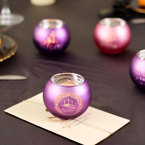 Religious Candle Holders 4PCS, Purple Pink Glass Votive Tealight Holders with He is Risen & Cross Signs, Easter Table Centerpiece Home Decor in Kuwait